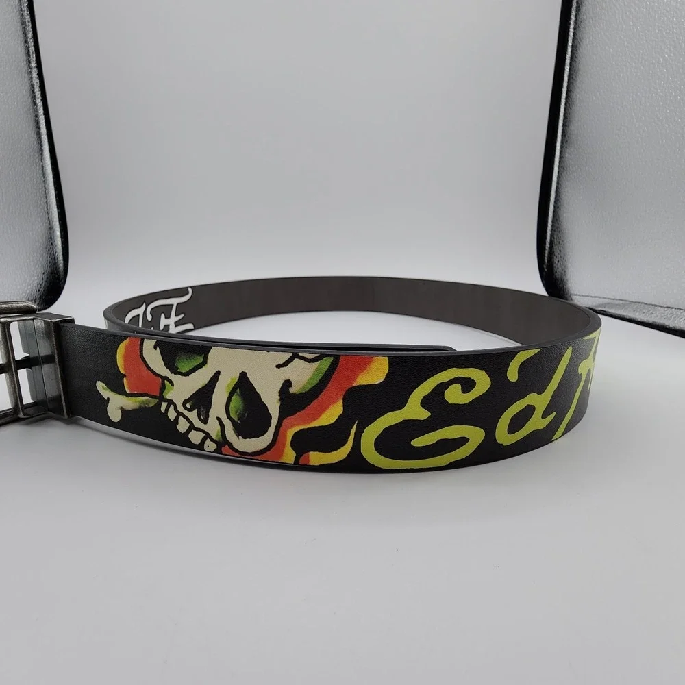 Ed Hardy Live to Ride Reversible Belt Mens Sz 36 Graphic‎ Print Metal Buckle NEW
